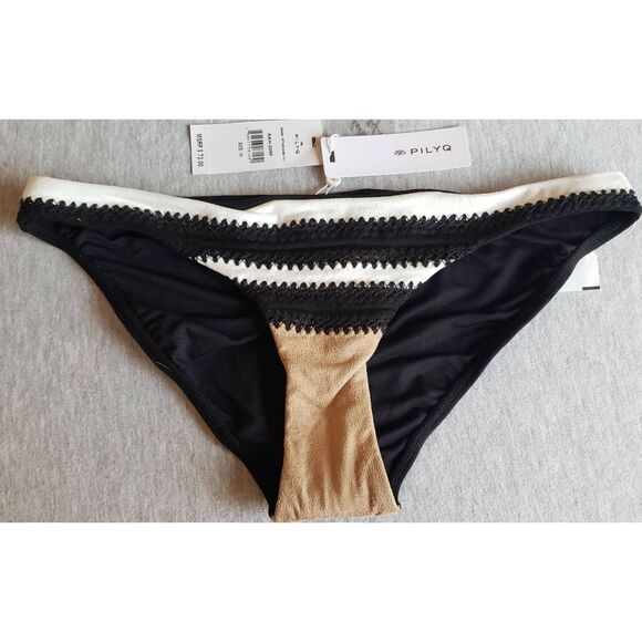 PILYQ SAHARA STITCHED BASIC FULL BLACK CREAM TAN BIKINI BOTTOM NWT - Picture 1 of 7